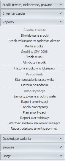 HDF Inwentaryzacja 6 – menu Raporty z listą dostępnych typów raportów
