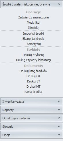 HDF Inwentaryzacja 6 – menu Środki trwałe, niskocenne, prawne z przyciskami operacji na środkach