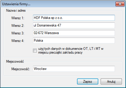 HDF Inwentaryzacja 6 – okno Ustawienia firmy i raportów do uzupełnienia danych firmy