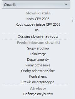 HDF Inwentaryzacja 6 – menu Słowniki z kategoriami danych słownikowych programu