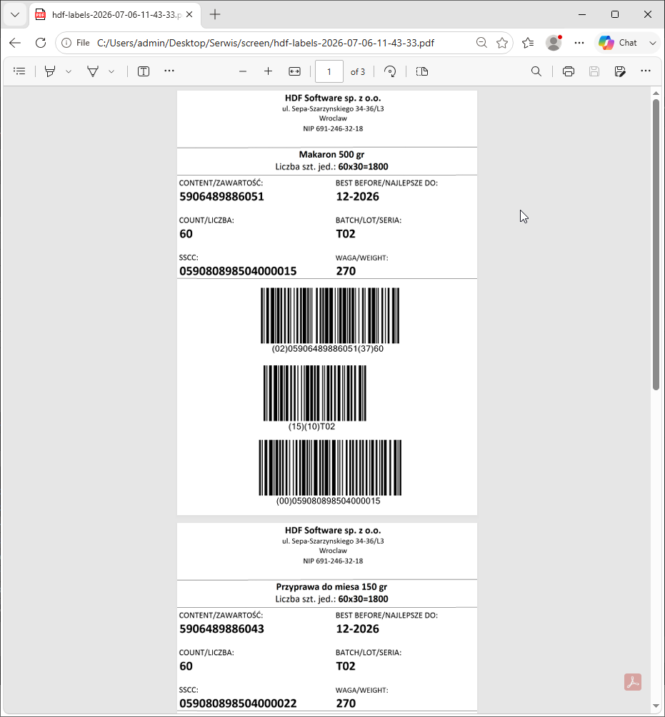 HDF Labels 10 – wyeksportowany wielostronicowy PDF z etykietami kolejnych rekordów