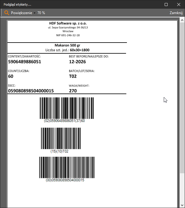 HDF Labels 10 – podgląd etykiety z podstawionymi danymi rekordu przed wydrukiem