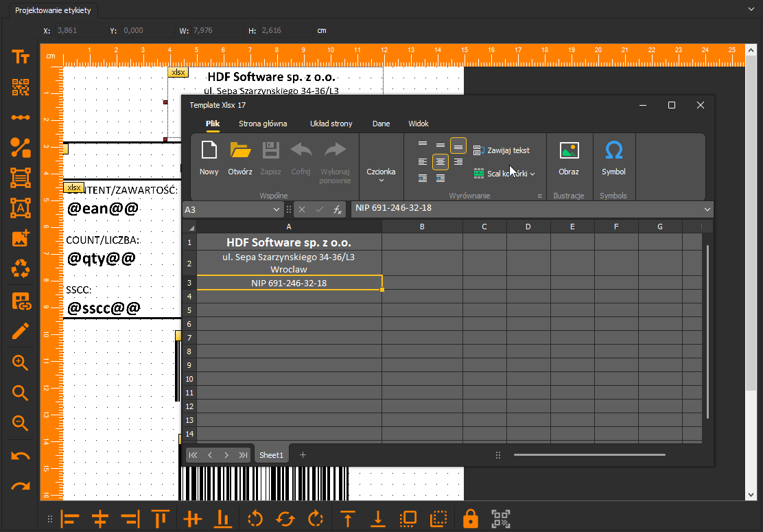HDF Labels 10 – edytor Tabeli formatowanej (szablon XLSX) z danymi firmy (nazwa, adres, NIP) nad kanwą etykiety
