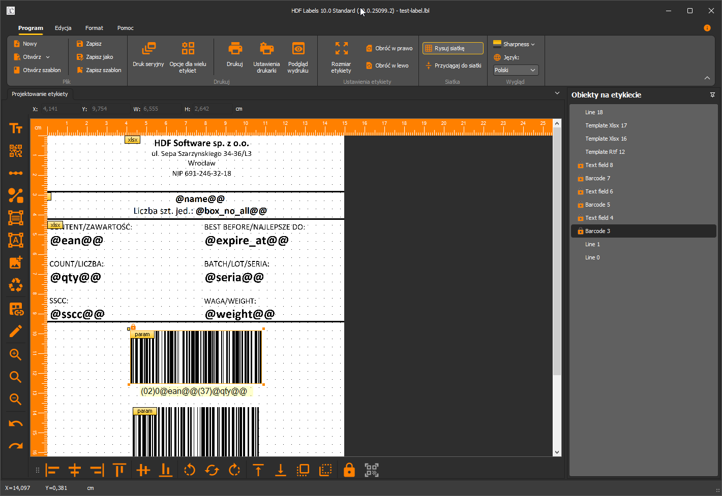 HDF Labels 10 – kompletna etykieta test-label.lbl z nagłówkiem firmy, polami seryjnymi i kodami GS1-128; panel Obiekty na etykiecie