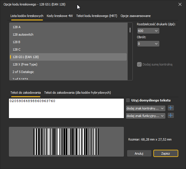 HDF Labels 10 – okno Opcje kodu kreskowego, zakładka Lista kodów kreskowych z wybranym 128 GS1 (EAN 128)