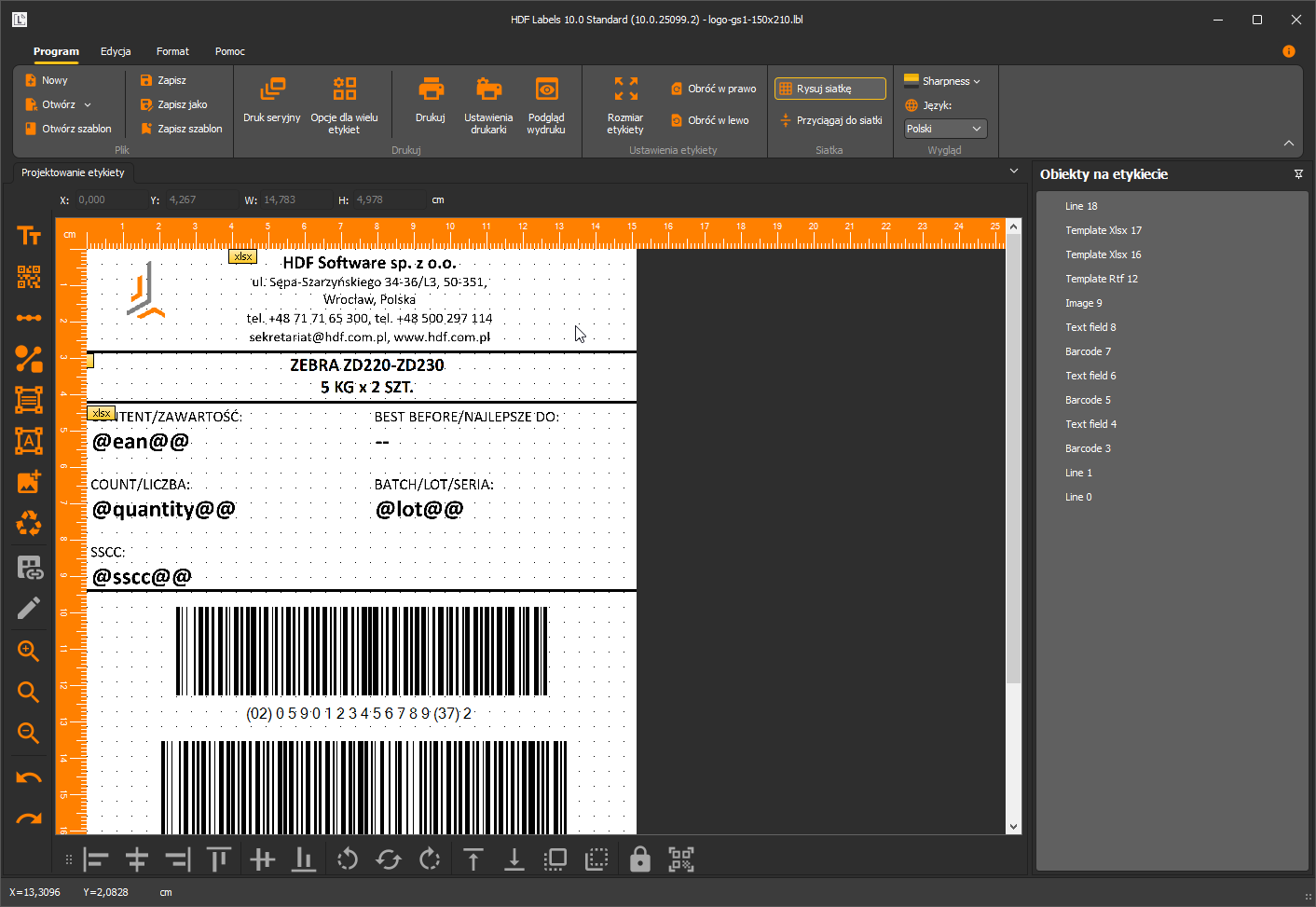 HDF Labels 10 – etykieta załadowana z szablonu logo-gs1-150x210.lbl z gotowym układem i parametrami