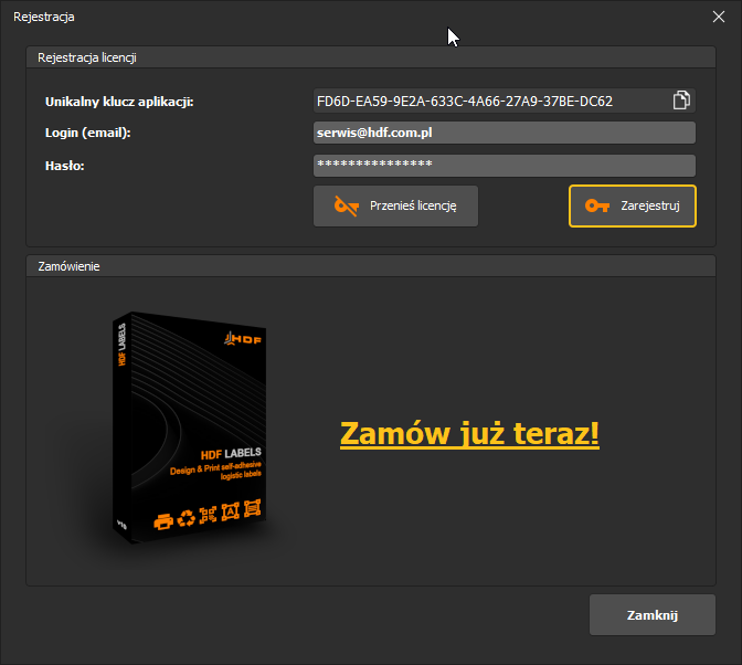 HDF Labels 10 – okno rejestracji licencji z unikalnym kluczem aplikacji, polami login i hasło oraz przyciskami Przenieś licencję i Zarejestruj