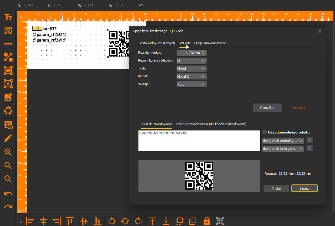 HDF Labels 10 – zaawansowane opcje QR: rozmiar modułu, poziom korekcji błędów, tryb, model, wersja