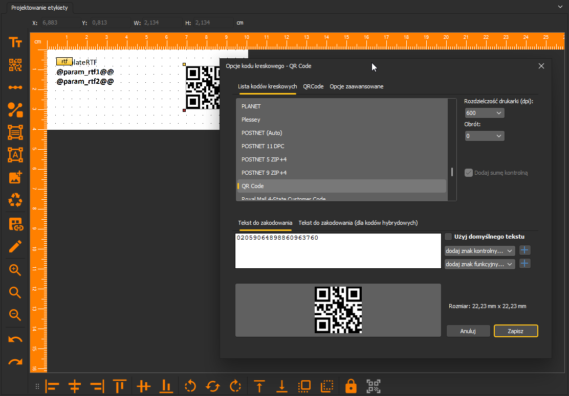 HDF Labels 10 – okno Opcje kodu kreskowego z wybranym QR Code i podglądem macierzy
