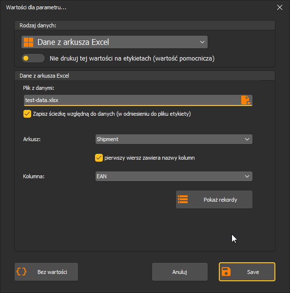 HDF Labels 10 – źródło danych: arkusz Excel (plik, arkusz, kolumna → parametr)