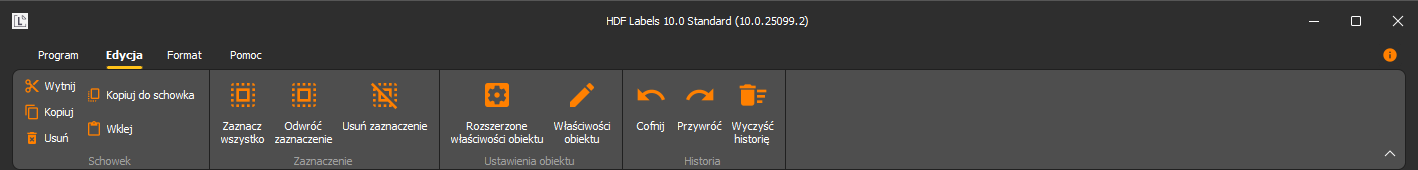 HDF Labels 10 – wstążka Edycja: schowek, zaznaczanie, właściwości, historia