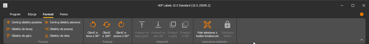 HDF Labels 10 – wstążka Format: centrowanie, wyrównanie, obroty, pole tekstowe z kodem