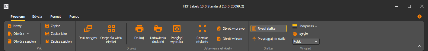 HDF Labels 10 – wstążka Program z grupami Plik, Drukuj, Ustawienia etykiety, Siatka, Wygląd
