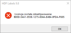 HDF Labels 9 – komunikat o pomyślnej deaktywacji licencji