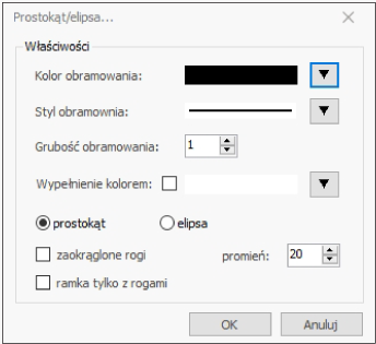 HDF Labels 9 – okno edycji właściwości prostokąta i elipsy