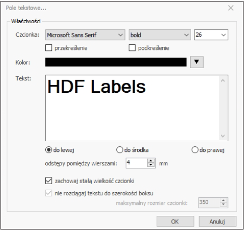 HDF Labels 9 – okno edycji właściwości pola tekstowego: czcionka, kolor, tekst