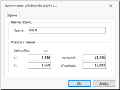 HDF Labels 9 – okno zaawansowanych właściwości linii z polami pozycji i wymiarów
