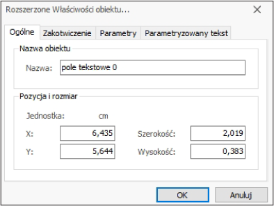 HDF Labels 9 – okno zaawansowanych właściwości pola tekstowego z zakładkami