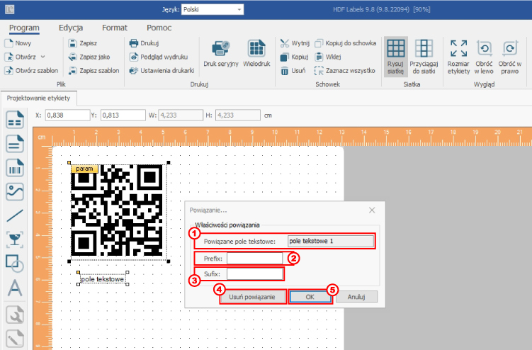 HDF Labels 9 – wybór powiązania pola tekstowego z kodem kreskowym w menu kontekstowym