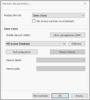 HDF Labels 9 – okno konfiguracji źródła danych z bazy danych ODBC