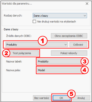 HDF Labels 9 – wybór tabeli i pola bazy danych do powiązania z parametrem