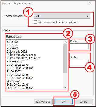 HDF Labels 9 – konfiguracja parametru typu data z formatem, prefiksem i sufiksem