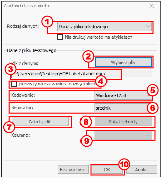 HDF Labels 9 – konfiguracja źródła danych z pliku tekstowego