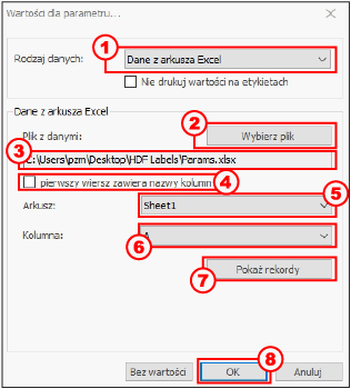 HDF Labels 9 – konfiguracja źródła danych z tabeli Excel