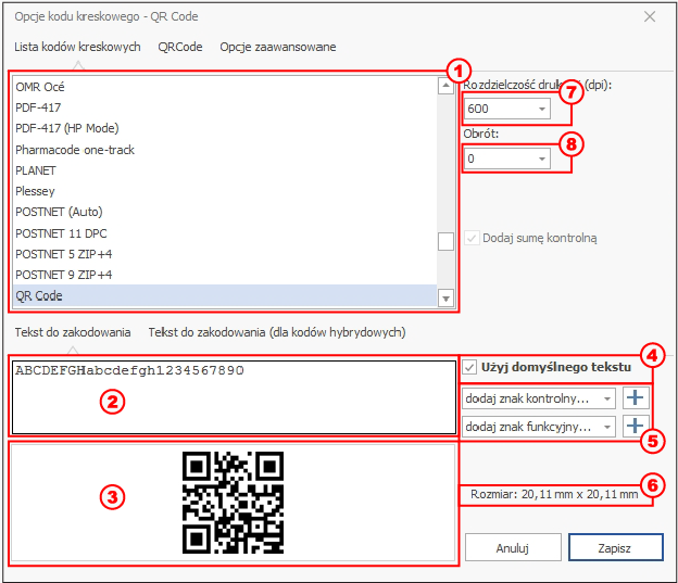 HDF Labels 9 – zakładka wyboru symboliki kodu i podglądu rozmiaru