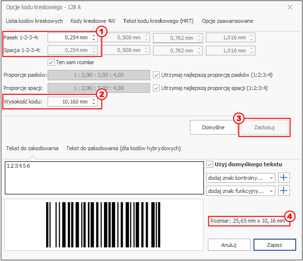 HDF Labels 9 – zakładka właściwości kodu kreskowego 1D z szerokością paska