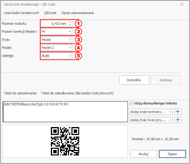HDF Labels 9 – zakładka właściwości kodu QR z rozmiarem modułu i korekcją błędów