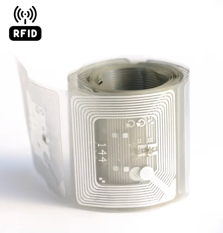 RFID label rolls with visible antenna and chip next to an RFID reader