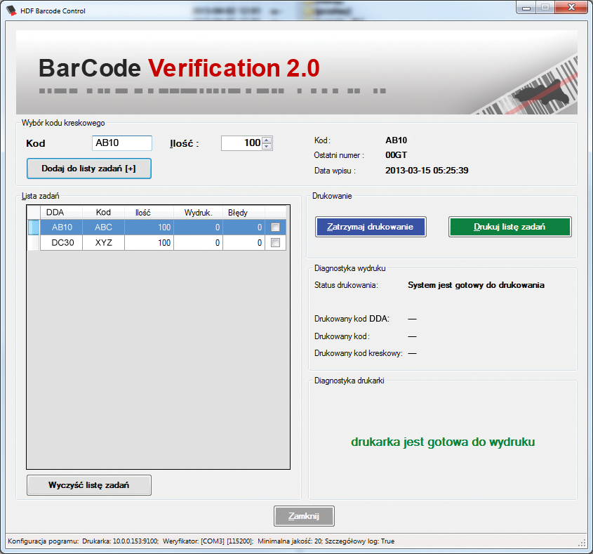 Zrzut ekranowy programu BarCode Verification firmy HDF Software