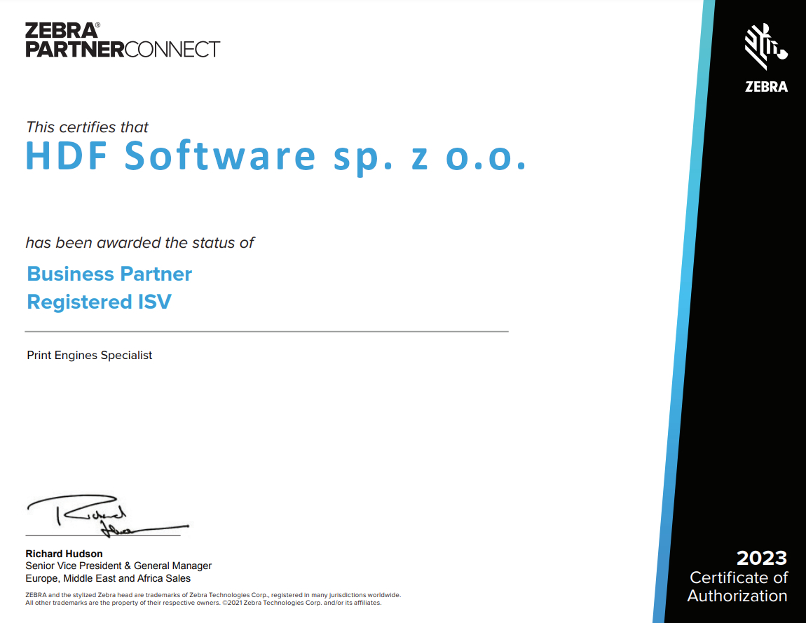 Certyfikat firmy Zebra - BP ISV