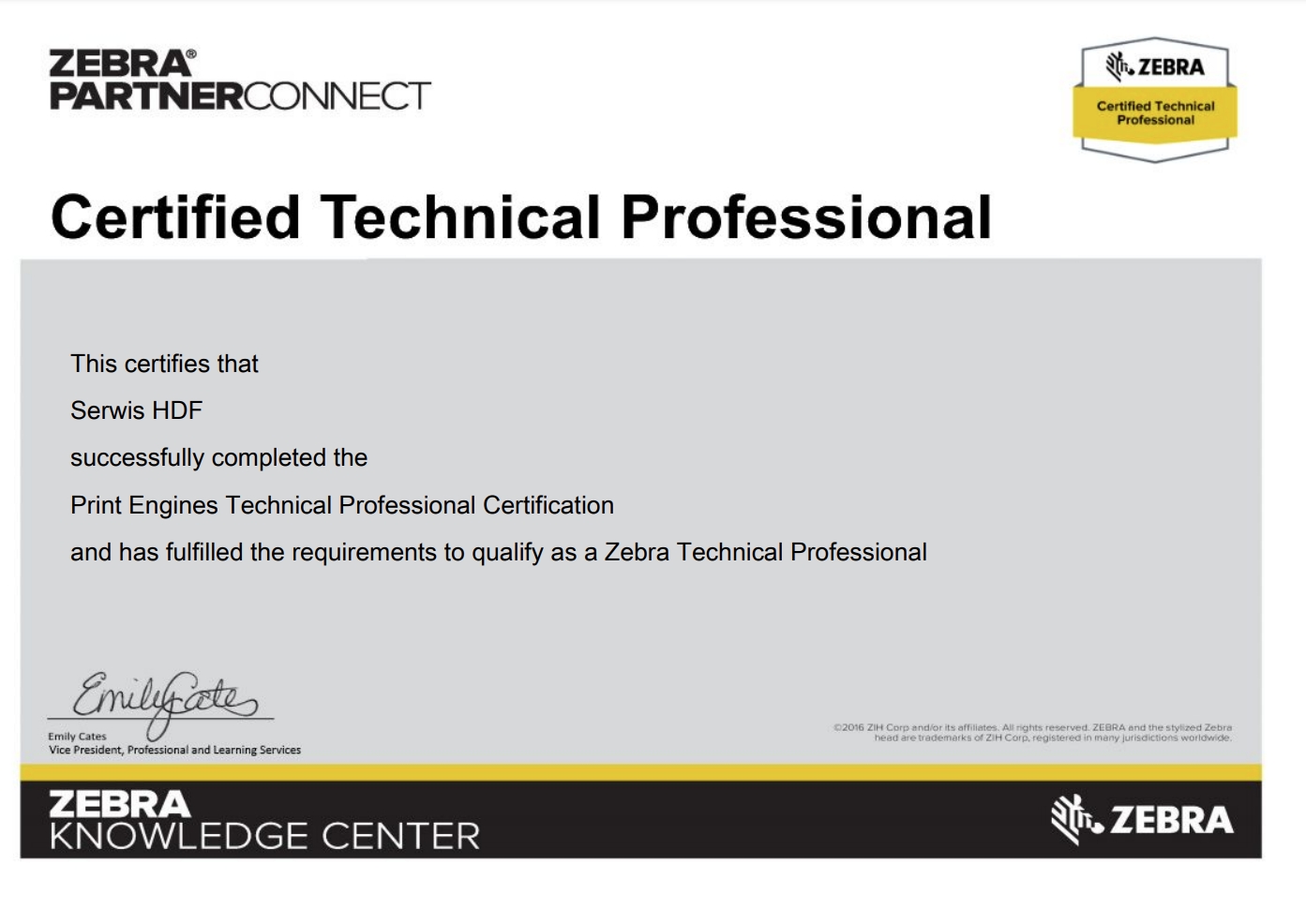 Certyfikat firmy Zebra - Print Engine
