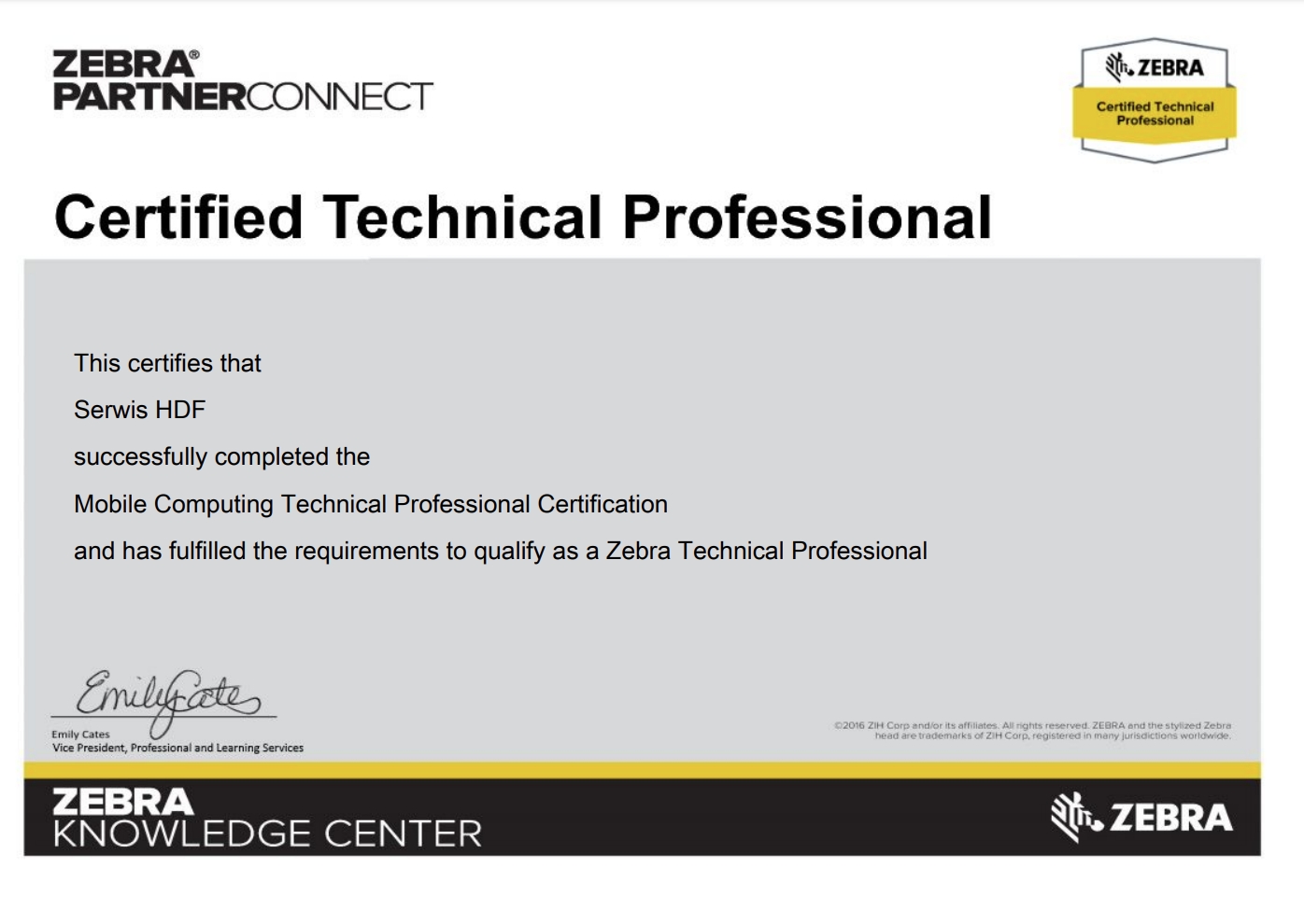 Certyfikat firmy Zebra - Mobile Computing