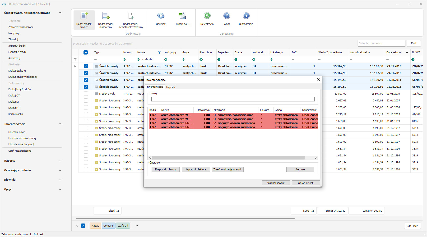 Środki trwałe ewidencja - raport wartościowy