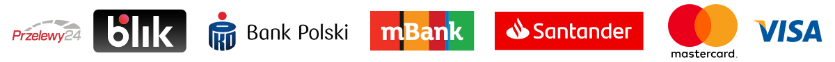 Akceptujemy: BLIK, Przekaz tradycyjny, mBank, Santander, PKO BP, BNP Paribas, Credit Agricole, Bank Millennium, ING Bank Śląski, Toyota Bank, Bank Millennium, Alior Bank, BOŚ, ING, CitiHandlowy, Plus Bank, Pocztowy24, Banki Spółdzielcze.