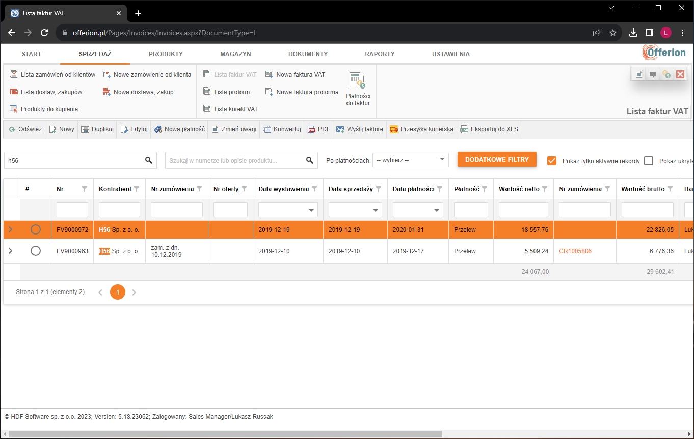 Zrzuty ekranowe systemu CRM firmy HDF