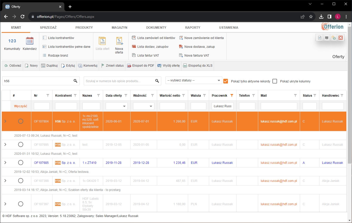 Zrzuty ekranowe systemu CRM firmy HDF